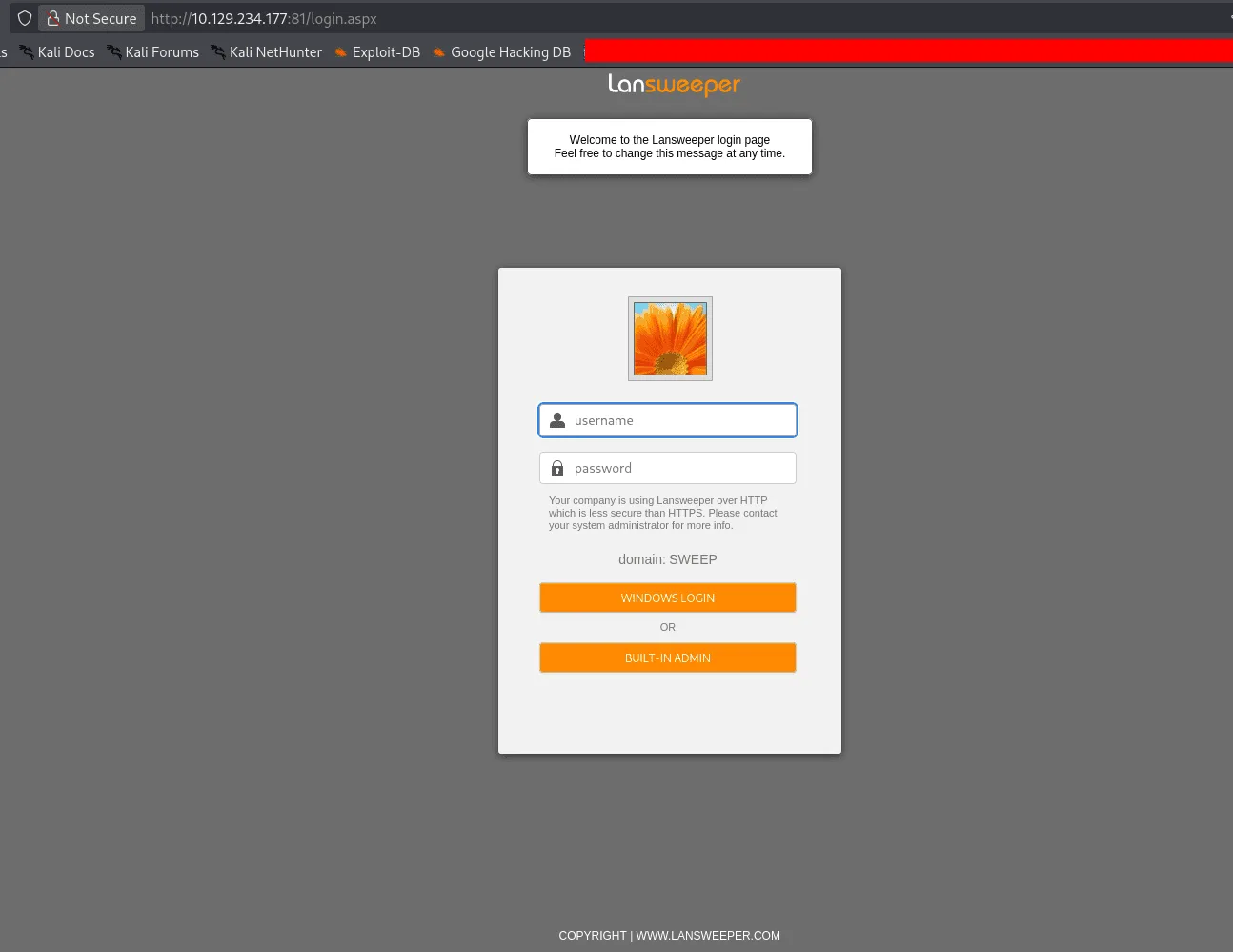 Lansweeper login page